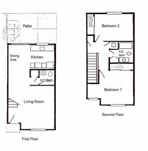 Floor plan for 2 beds, 1.5 baths, 950 sqft
